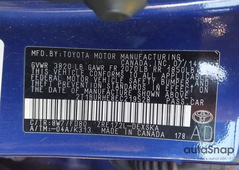 2014 Toyota Corolla S Plus from USA, damaged, VIN 2T1BURHE8EC219528
